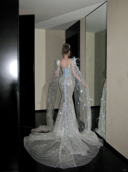 Elegant Glittering Silvery Beaded Sequined Design Mermaid Wedding Dress Prom Dress Evening Dress HZ1024