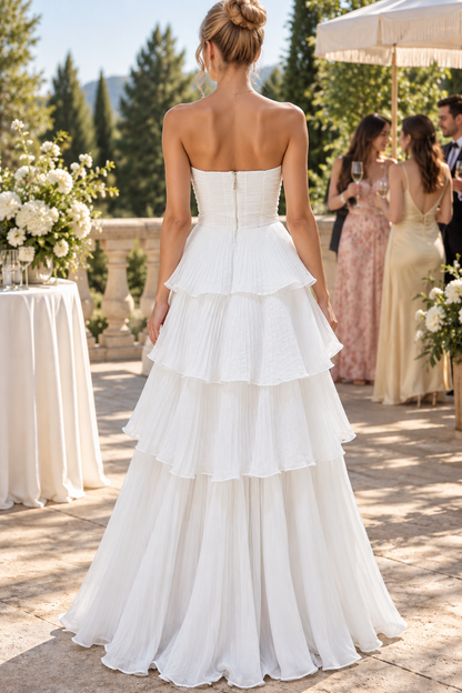 Strapless Tiered Scoop Sleeveless Ruffles White Prom Formal Dress