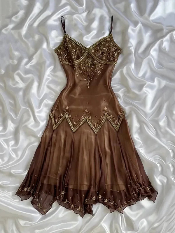 Vintage Embroidery Chiffon Spaghetti Strap Homecoming Dress Party Dress Cocktail Dress HZ1024