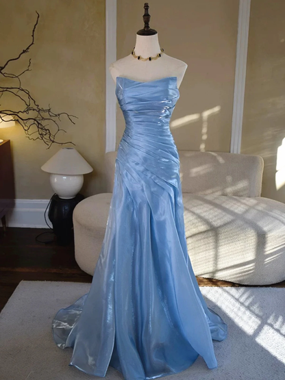 Inspired Blue Strapless Pleated Mermaid Gown Prom Evening Dresses Elegant