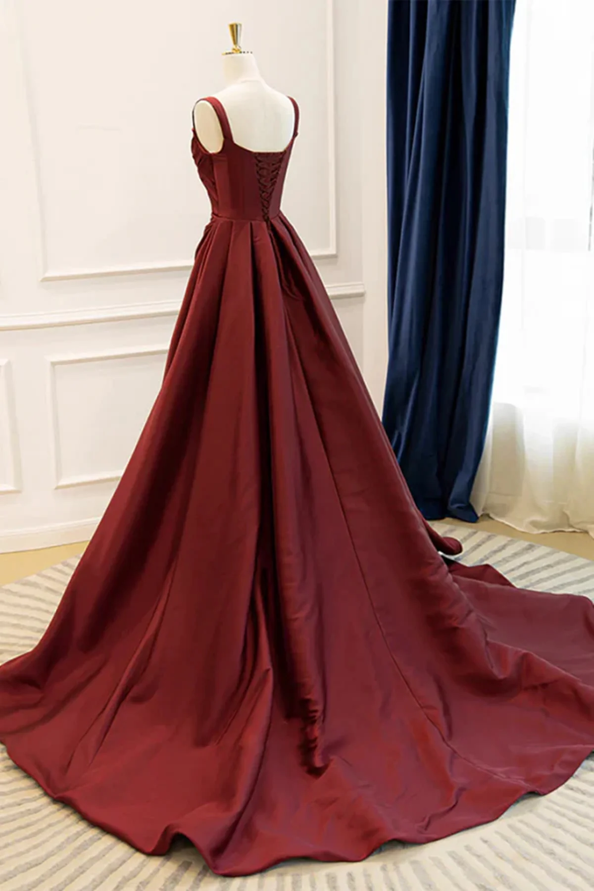 Wine Red Satin Straps Party Dress Long A line Evening Gowns Elegant