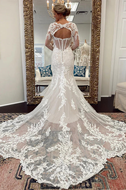 Lace Cutout Long Sleeves Trumpet Bridal Gown