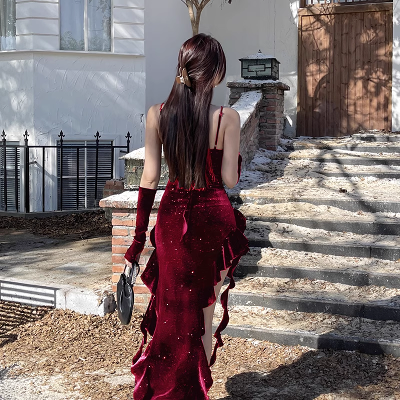 Vintage Glittering Sequin Sweetheart Spaghetti Strap Ruffled High Slit Prom Dress Evening Dress HZ1024