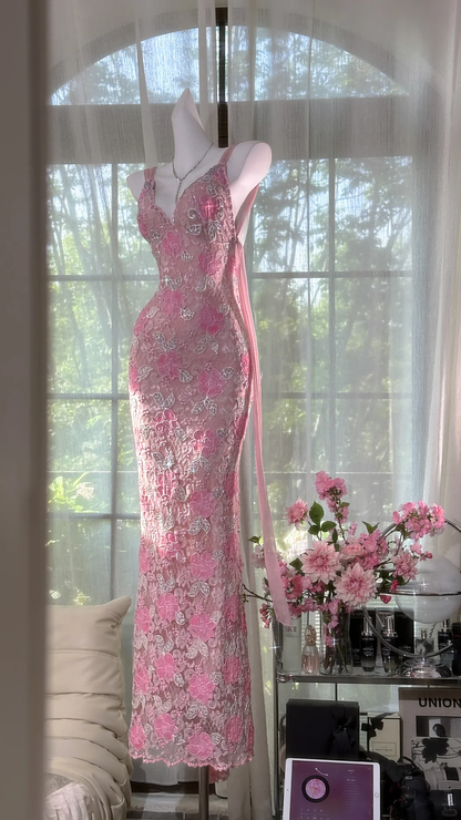 Vintage Gorgeous Pink Floral V-neck Applique Elegant Chiffon Long Evening Dress Prom Dresses HZ1024