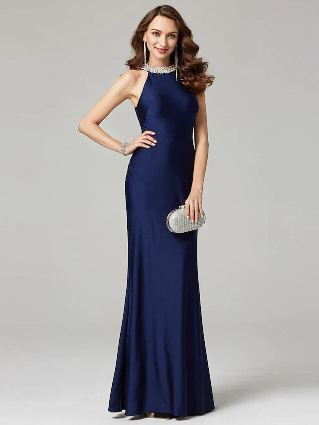 Sheath / Column Mother of the Bride Dress Elegant Sexy Jewel Neck Floor Length Charmeuse Sleeveless with Pearls