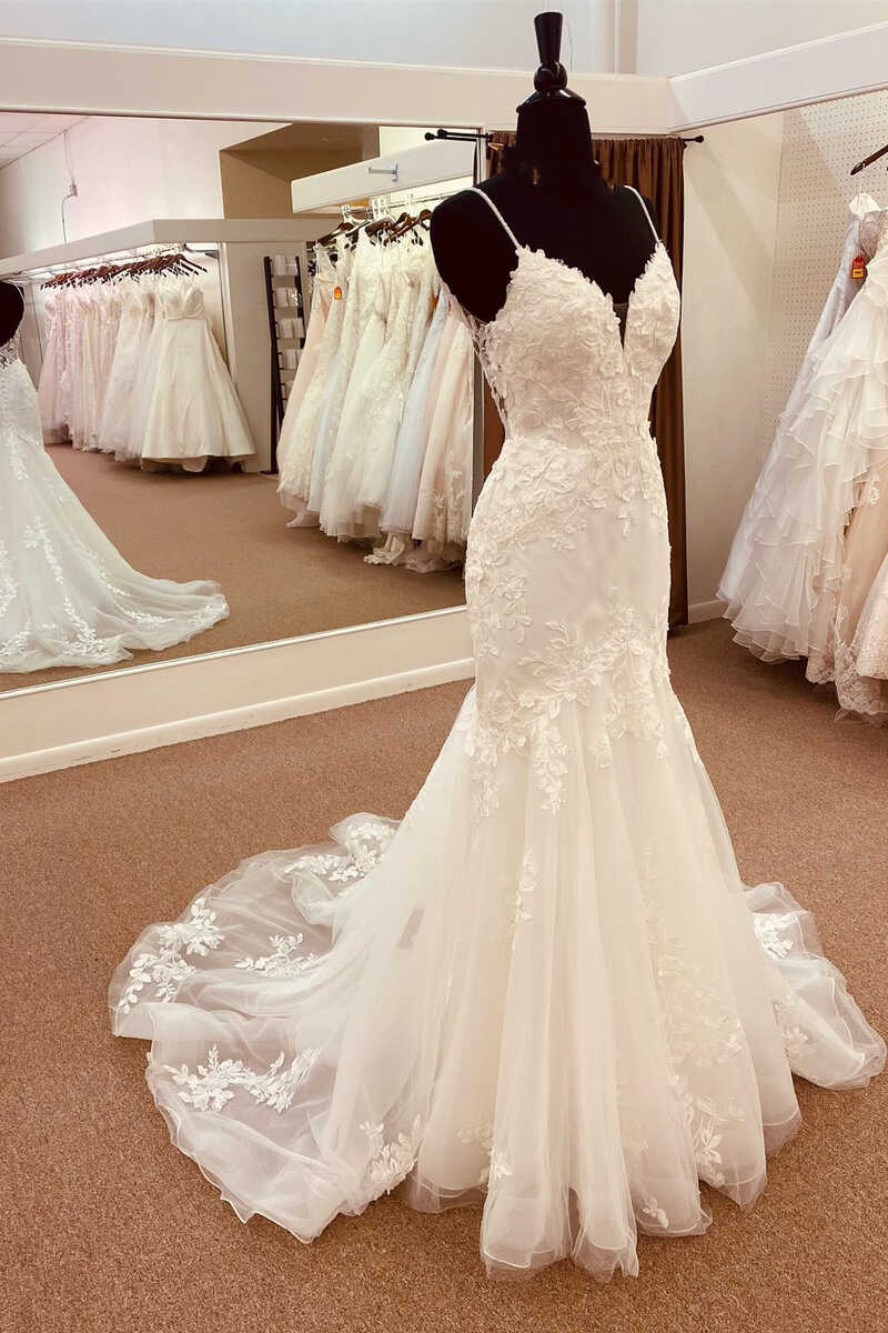 White Lace Straps Backless Trumpet Long Wedding Dress