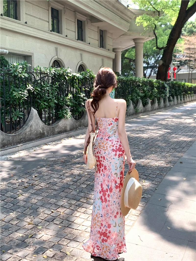 Vintage Fashion Floral Design Elegant Mermaid A-line Spaghetti Strap Dress HZ1024