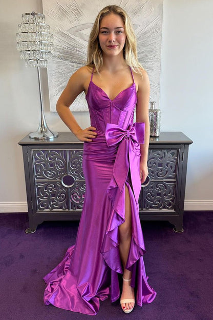 Jianna | Straps V-Neck Satin Mermaid Prom Dress with Bow