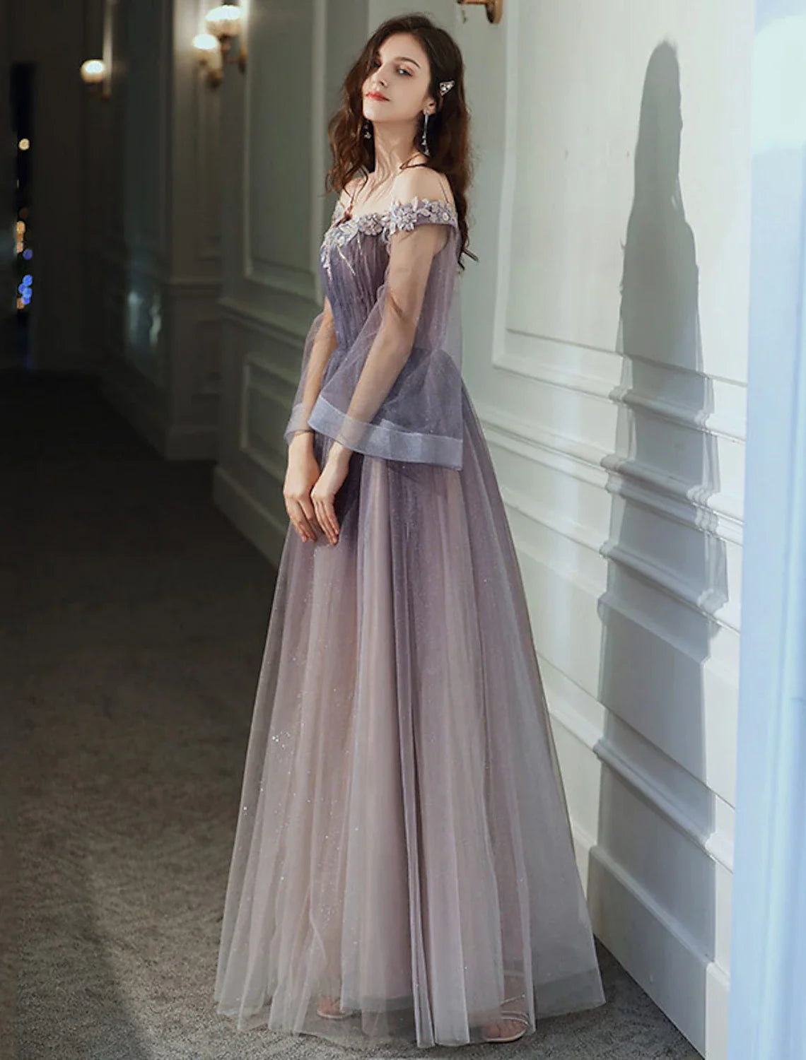 Aimishang A-Line Minimalist Elegant Party Wear Prom Dress Off Shoulder Long Sleeve Floor Length Tulle with Appliques