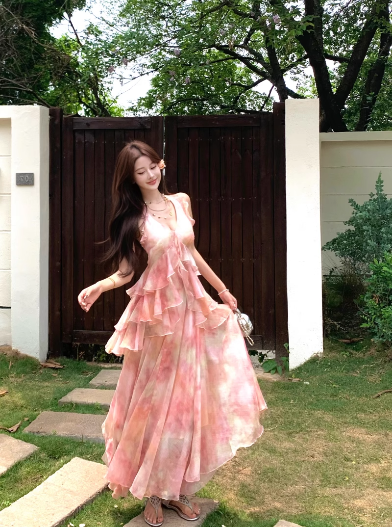 New Fashion Pink Floral Design A-line Beach Holiday Halter Dress HZ1024