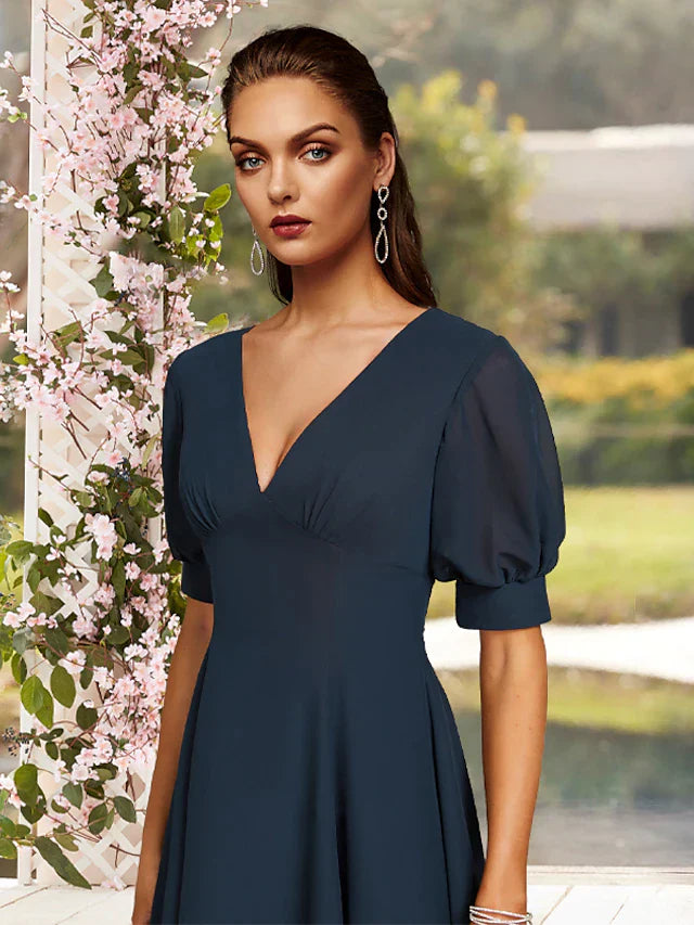 DingjiSheath / Column Mother of the Bride Dress Minimalist Elegant V Neck Tea Length Satin Short Sleeve with Ruching Solid Color
