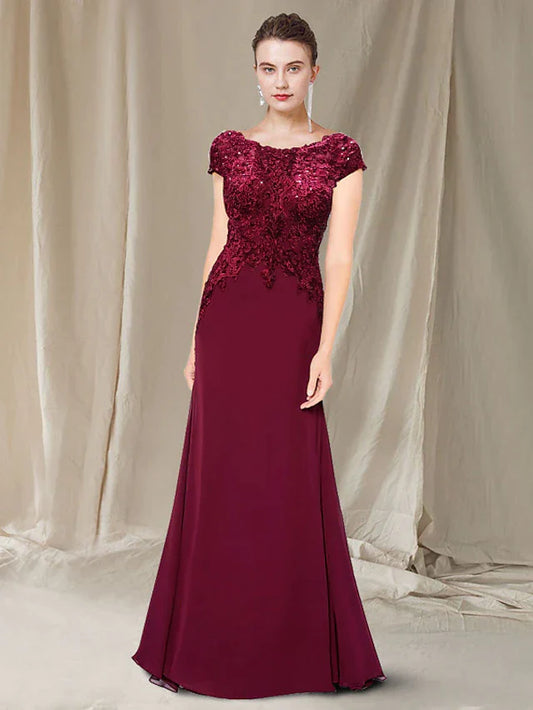 DingjiA-Line Mother of the Bride Dress Elegant Jewel Neck Sweep / Brush Train Chiffon Lace Short Sleeve with Appliques