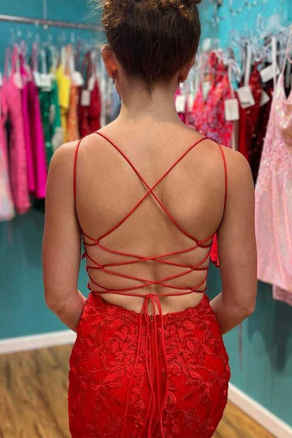 Red Appliques Plunge V Lace-Up Fitted Cocktail Dress