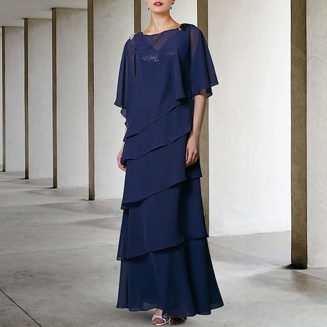 A-Line Mother of the Bride Dress Elegant V Neck Floor Length Chiffon Sequined Sleeveless Wrap Included with Sequin