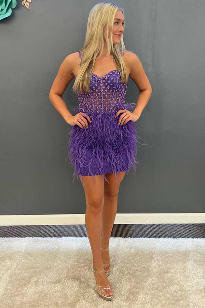 Stunning Purple Beaded Straps Feathered Mini Homecoming Dress