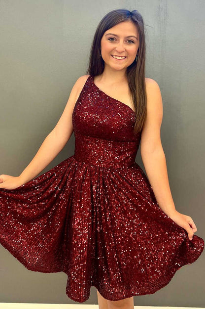 Navy Blue Sequins One-Shoulder A-Line Short Homecoming Dress