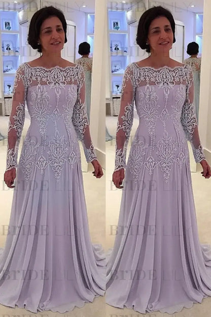Elegant bateau neck A-line Lace Long Sleeves Mother-of-the-bride Dress