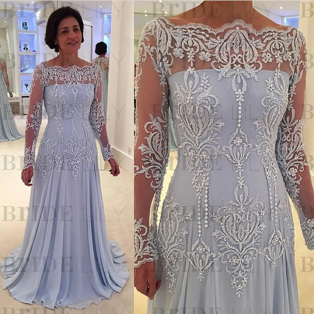 Elegant bateau neck A-line Lace Long Sleeves Mother-of-the-bride Dress