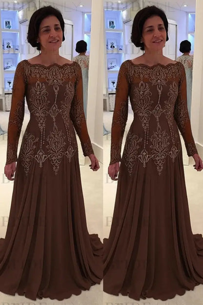 Elegant bateau neck A-line Lace Long Sleeves Mother-of-the-bride Dress
