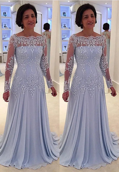 Elegant bateau neck A-line Lace Long Sleeves Mother-of-the-bride Dress