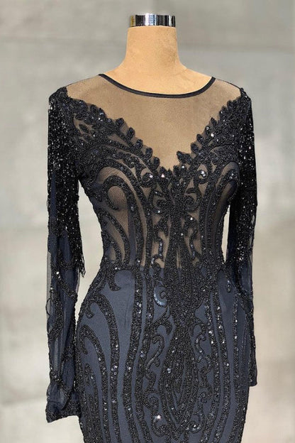 Elegant Black Mermaid Prom Dress Tulle with Long Sleeves