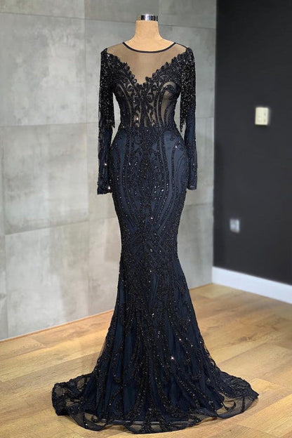 Elegant Black Mermaid Prom Dress Tulle with Long Sleeves