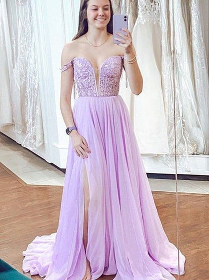 Elegant Blue/Purple V Neck Lace Chiffon Long Prom Dresses with High Slit, Blue/Purple Lace Formal Graduation Evening Dresses