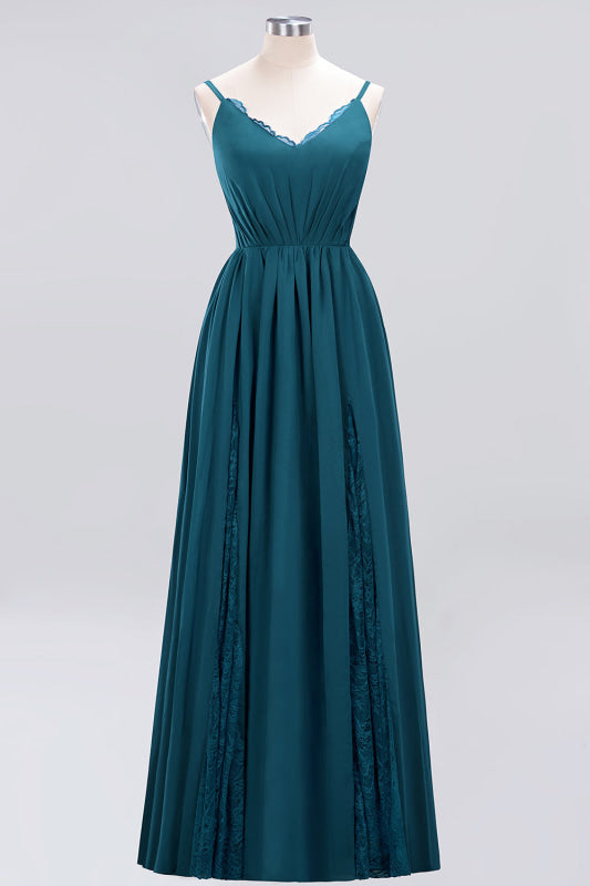 Elegant Chiffon Lace V-Neck A-line Long Bridesmaid Dress