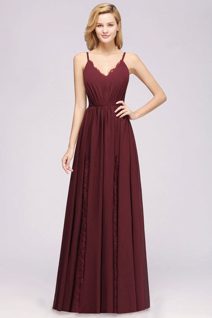 Elegant Chiffon Lace V-Neck A-line Long Bridesmaid Dress