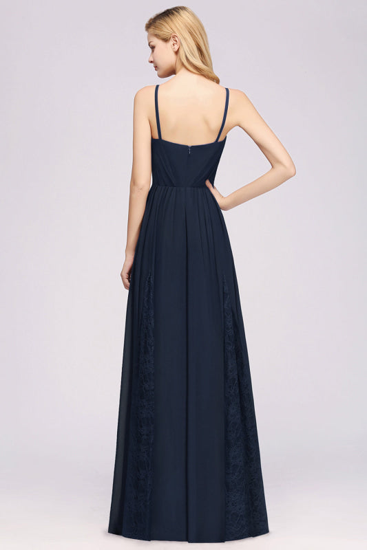 Elegant Chiffon Lace V-Neck A-line Long Bridesmaid Dress