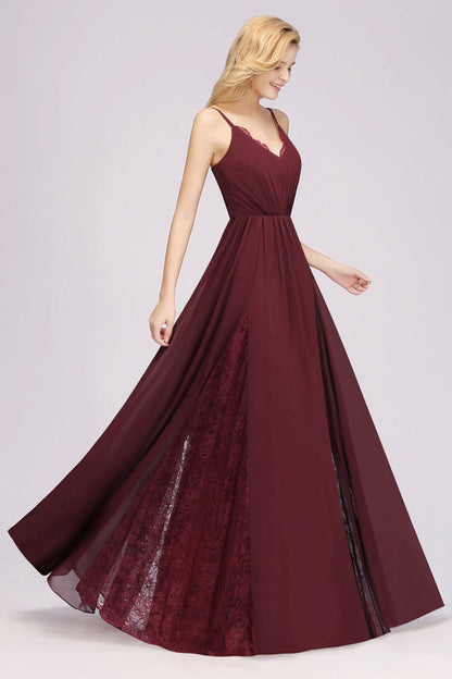 Elegant Chiffon Lace V-Neck A-line Long Bridesmaid Dress