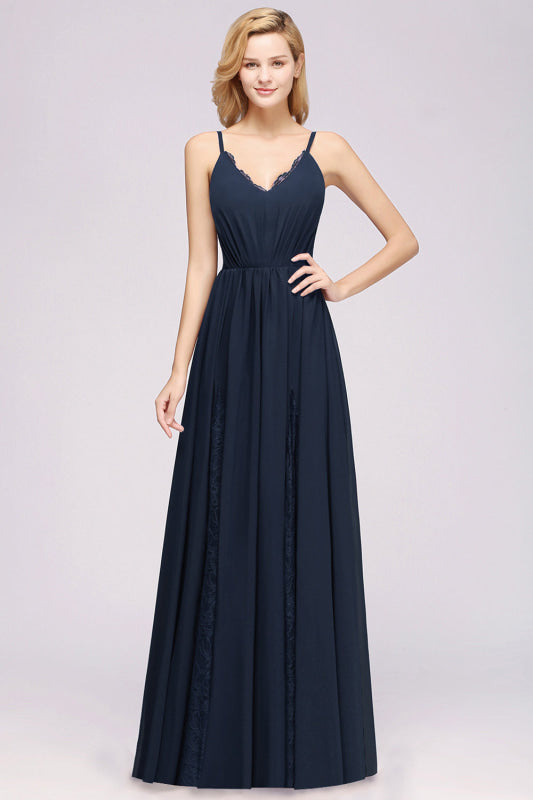 Elegant Chiffon Lace V-Neck A-line Long Bridesmaid Dress
