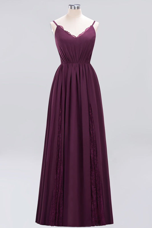 Elegant Chiffon Lace V-Neck A-line Long Bridesmaid Dress