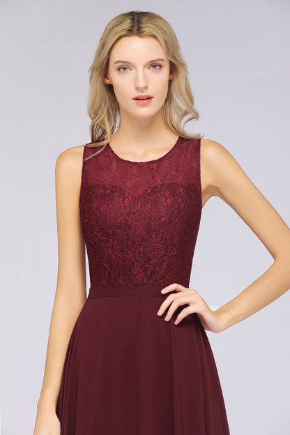 Elegant Crew Neck Lace Burgundy Bridesmaid Dresses