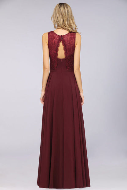 Elegant Crew Neck Lace Burgundy Bridesmaid Dresses