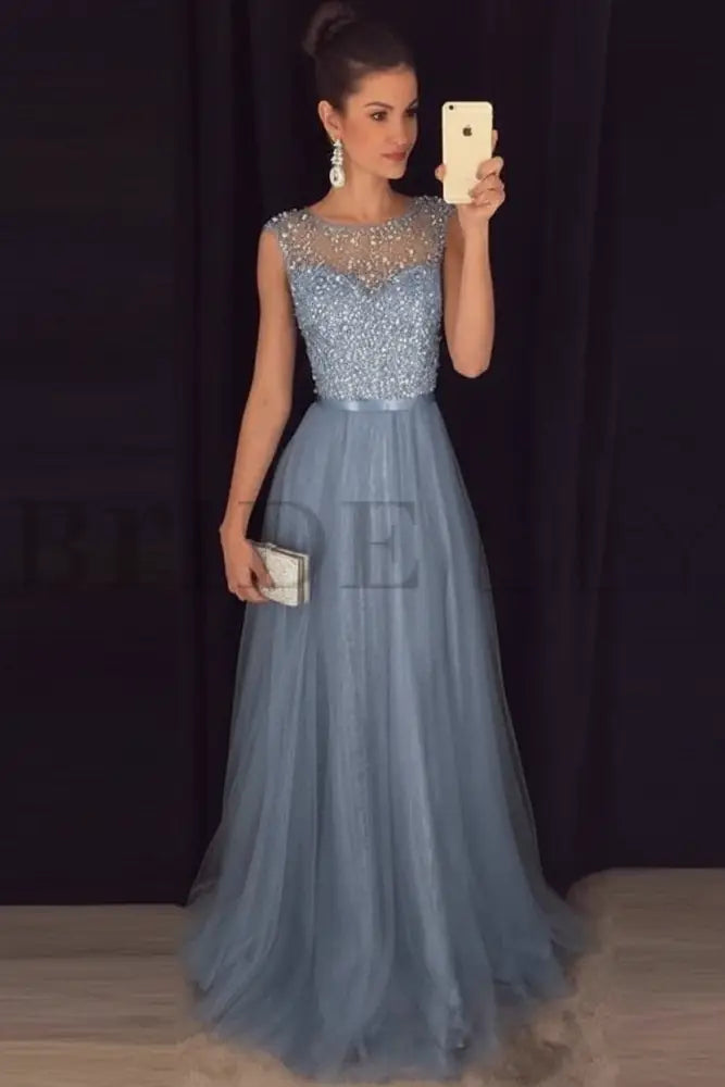 Elegant Gray A-Line Prom Dress Sequined Tulle Evening Gown