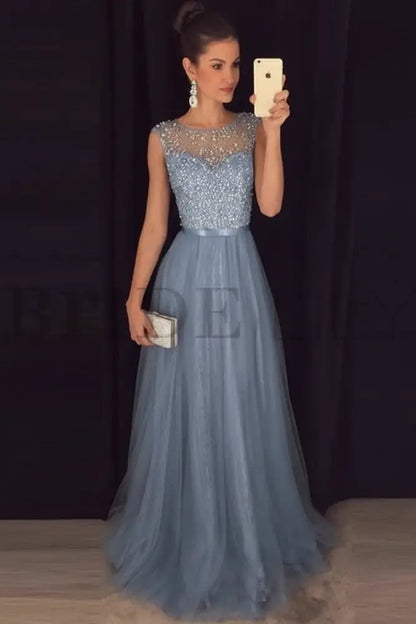 Elegant Gray A-Line Prom Dress Sequined Tulle Evening Gown
