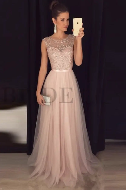 Elegant Gray A-Line Prom Dress Sequined Tulle Evening Gown