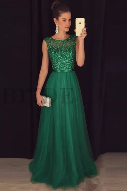 Elegant Gray A-Line Prom Dress Sequined Tulle Evening Gown