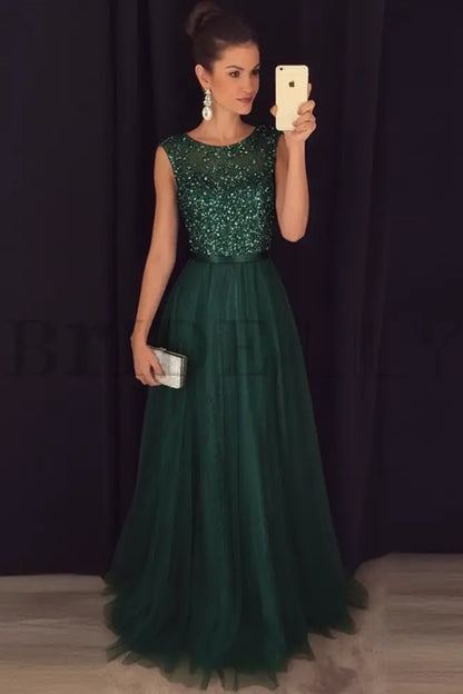 Elegant Gray A-Line Prom Dress Sequined Tulle Evening Gown