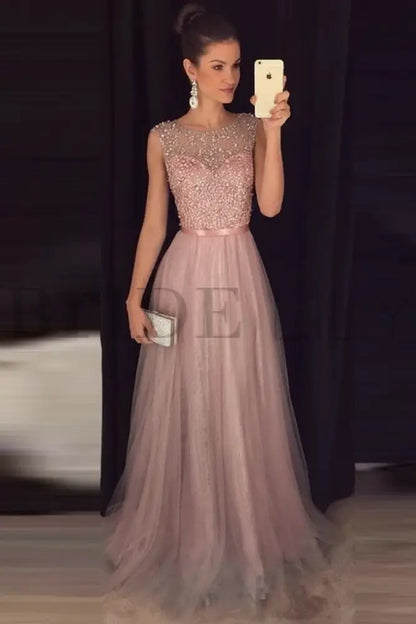 Elegant Gray A-Line Prom Dress Sequined Tulle Evening Gown