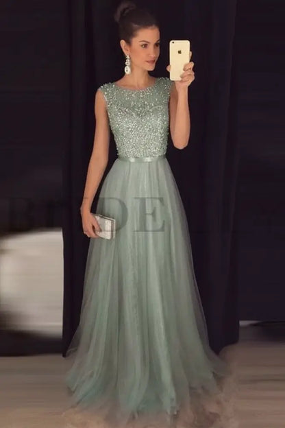 Elegant Gray A-Line Prom Dress Sequined Tulle Evening Gown