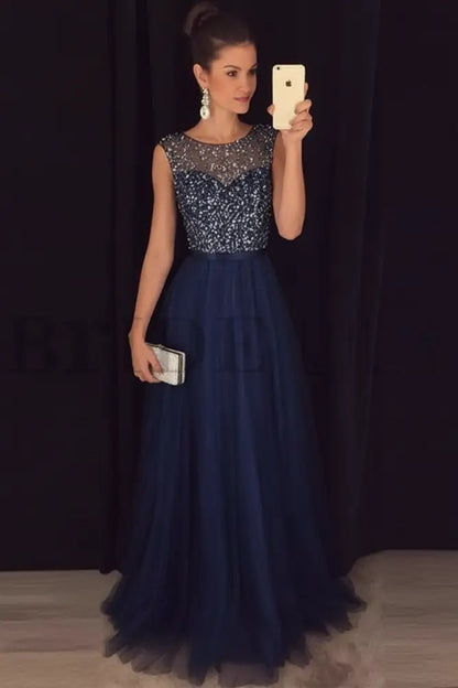 Elegant Gray A-Line Prom Dress Sequined Tulle Evening Gown