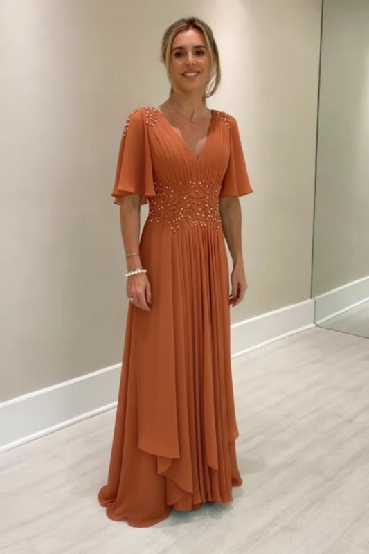 Elegant Half Sleeves V-neck Aline Wedding Guest Dress Chiffon Mother of the Bride Dress