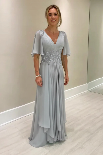 Elegant Half Sleeves V-neck Aline Wedding Guest Dress Chiffon Mother of the Bride Dress
