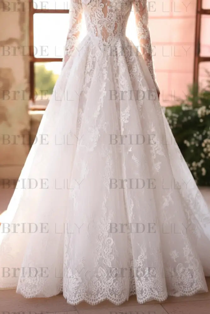 Elegant High Neck Long Sleeves  A-Line Appliques Lace Wedding Dress