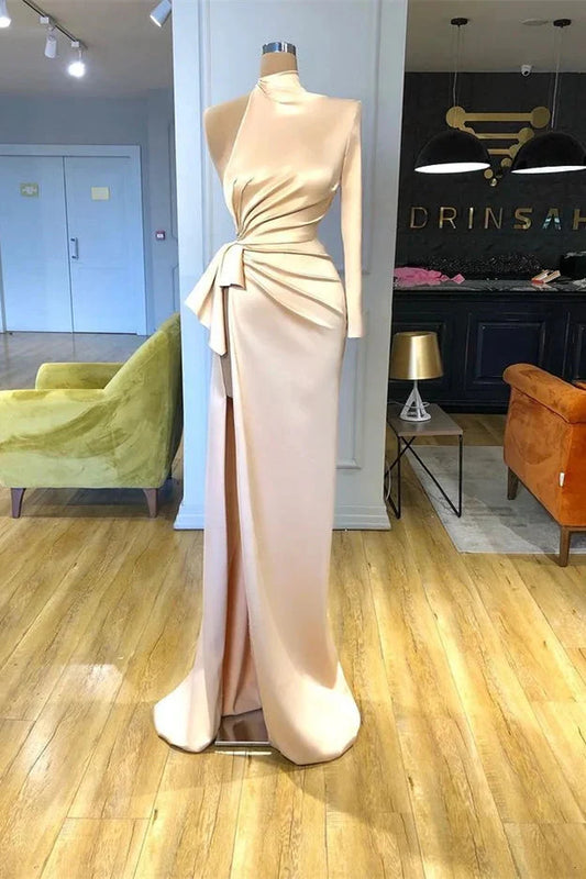 Elegant High Neck One Shoulder Long Sleeves Evening Dress Mermaid With Slit