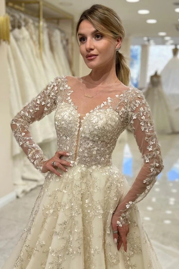 Elegant Long Sleeve Lace A-Line Wedding Dress V-Neck with Appliques