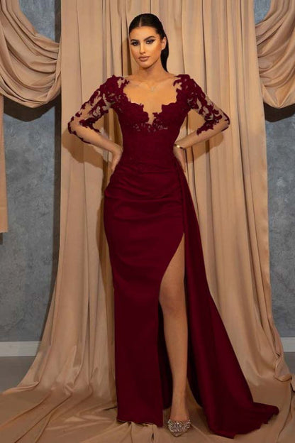Elegant Long-Sleeve V-Neck Prom Dress with Beads Lace Appliques Ruffles Evening Dress