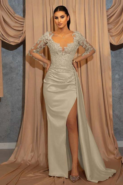 Elegant Long-Sleeve V-Neck Prom Dress with Beads Lace Appliques Ruffles Evening Dress